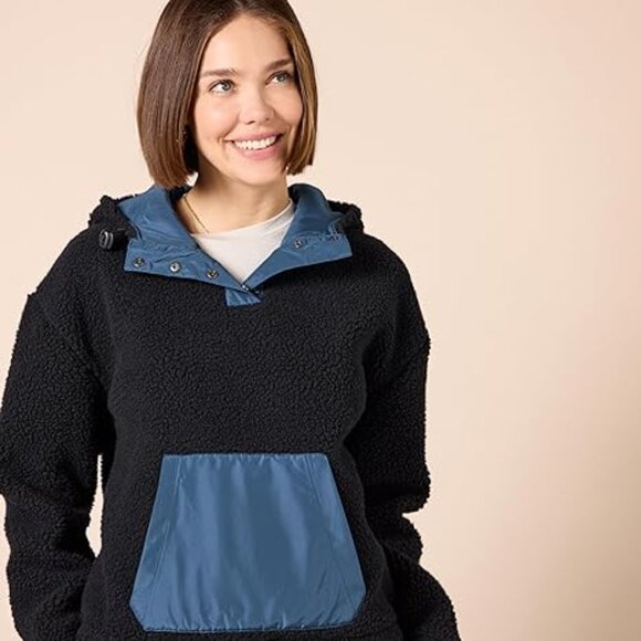 Womens Teddy Fleece Quarter Snap Hooded Pullover Jacket Kangaroo Pocket Size 5X - Picture 3 of 6